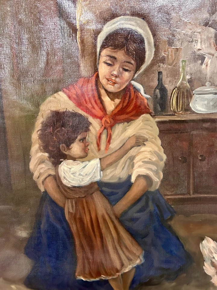 Vintage Italian BERTOLINI COUNTRY SCENE WITH FAMILY Realist painting C1900's - image 3 of 4
