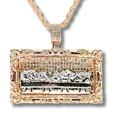 Two Tone XL Last Supper CZ Pendant 14k Rose Gold Plated 24" Rope HipHop Necklace
