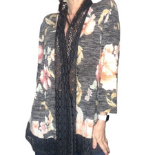 Chicos Sz 2 L Crochet Lace Trim Floral Kimono Boho Festival Feminine Longline