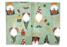 Gnomes Fall Pumpkins 60in Round Vinyl Tablecloth W/Flannel Backing Green Leaves
