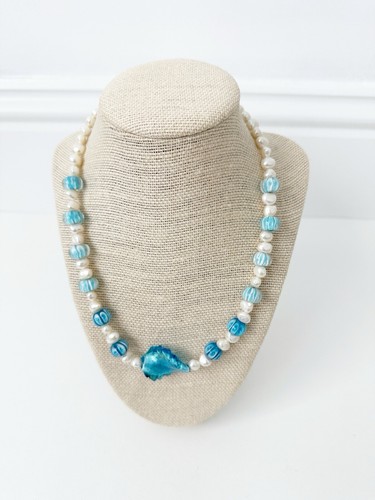NWT Genuine Murano Glass & Pearls Necklace Blue Beaded