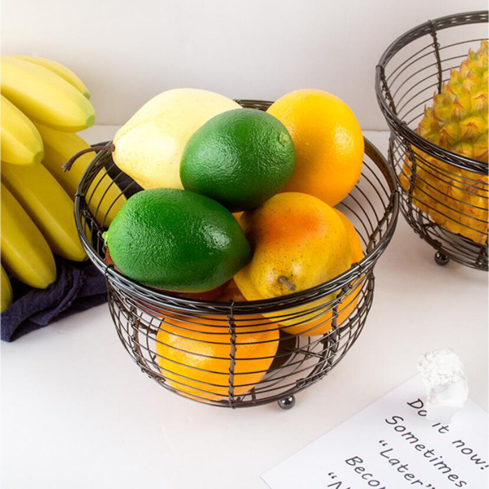 Metal Wire Fruit Basket, Large Round Storage Baskets for Bread, Fruit