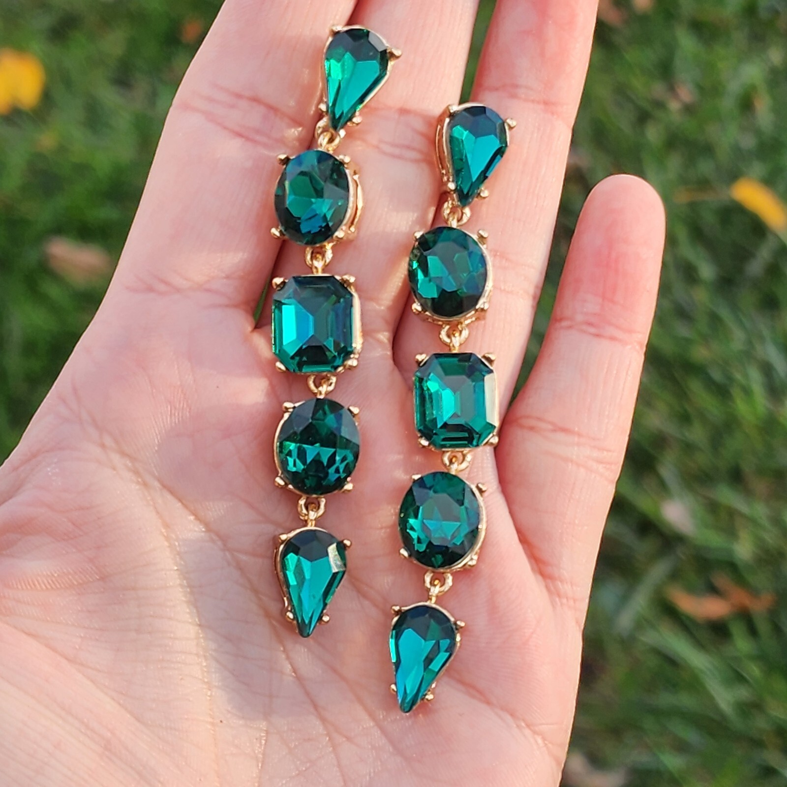 3" Drop Dangle Earrings Green Simulated Emerald C… - image 1