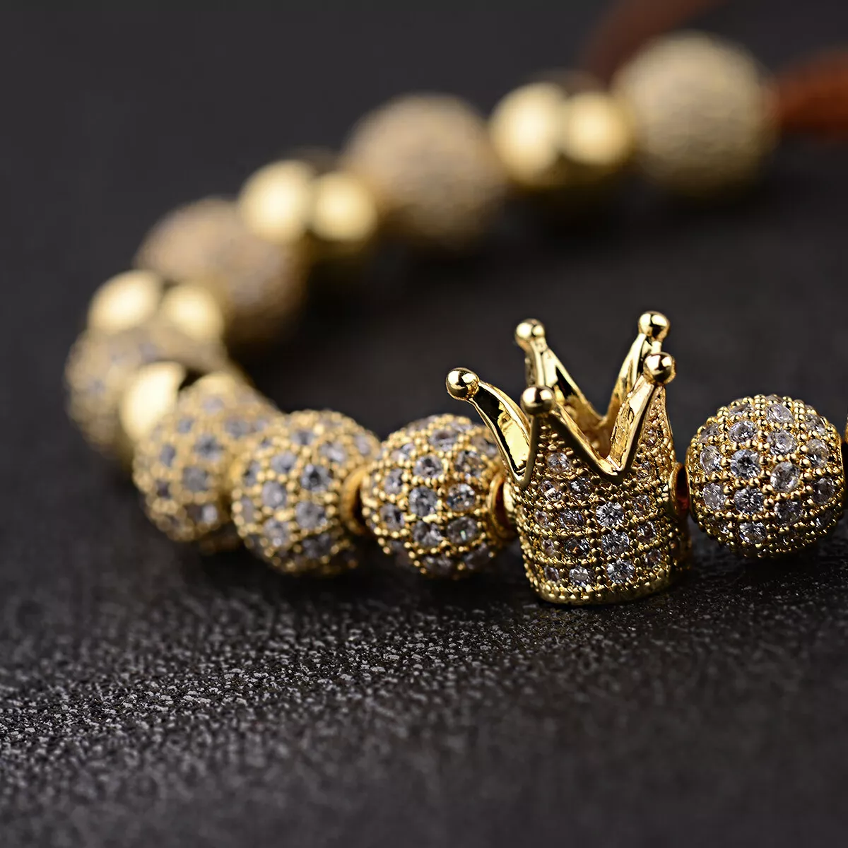 18kt Gold Plated Beads Bracelet Imperial Crown King CZ Bracelets