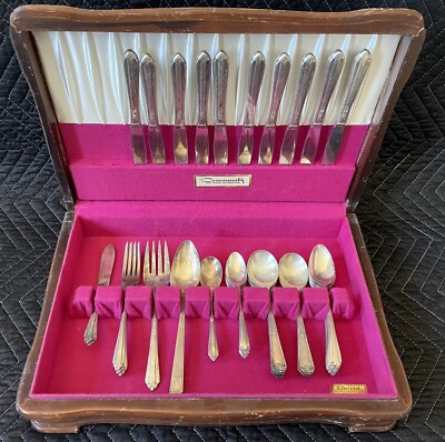 Mixed Silver Plate Flatware Collection In Wooden Box Community Plate *43 Pieces*