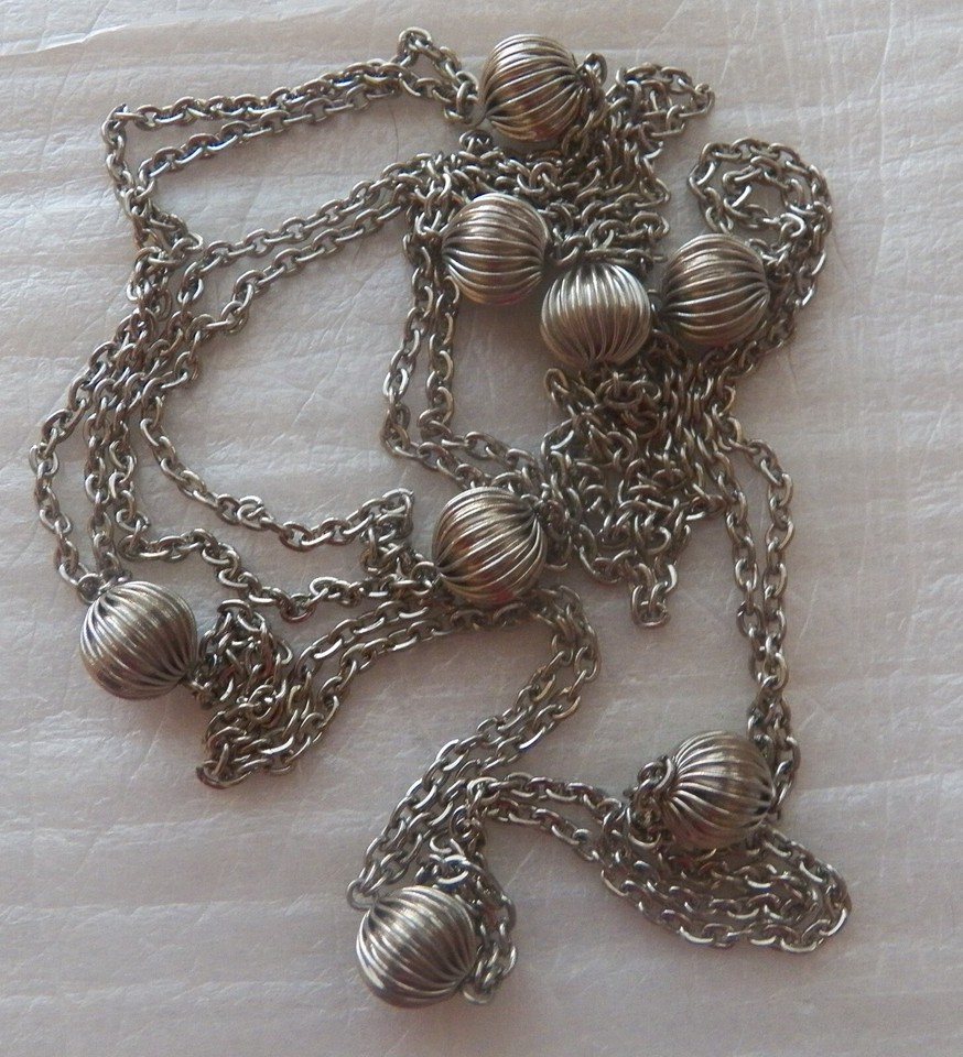 Wire Wrapped Beads Silver Chain Necklace 44 in. Vintage Jewelry Fashion ...