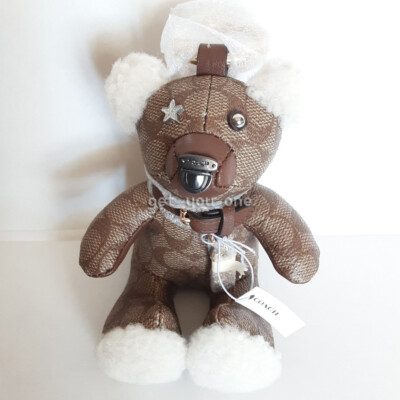 NWT COACH BEAR Bag Charm Key Ring Mix Leather KHAKI BROWN Sig