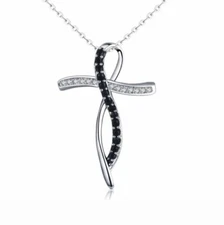 CROSS PENDANT STERLING SILVER 925 BLACK & WHITE SAPPHIRE WOMEN'S NECKLACE 