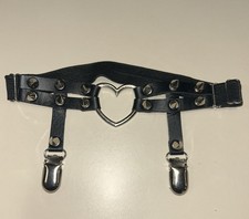 1 Black Faux Leather Silver Heart Spikes Leg Garter Belt Punk Gothic Adjustable