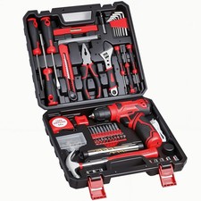 Tool Set - 8V Cordless Drill Kit, 132 Piece Box With Hand Drill, Home Red