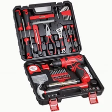 Tool Set - 8V Cordless Drill Kit, 132 Piece Box With Hand Drill, Home Red