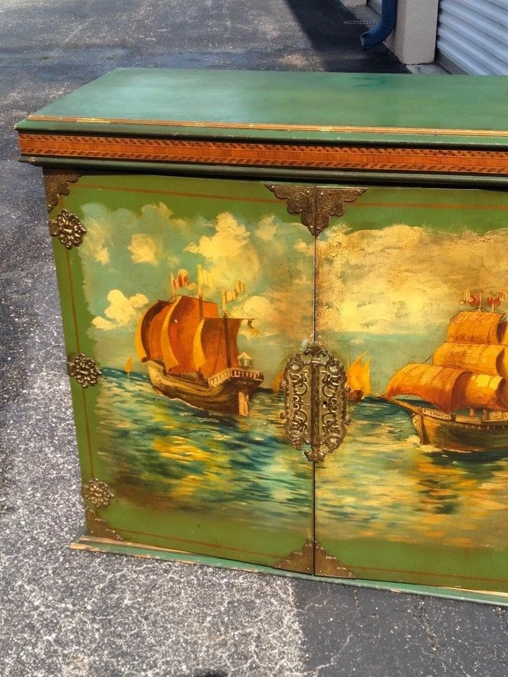 Antigo navio náutico pintura a óleo pintado armário missão madeira baú móveis - Imagem 4 de 4