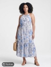 Halston Linen Halter Maxi Dress Floral Blue XL NWT