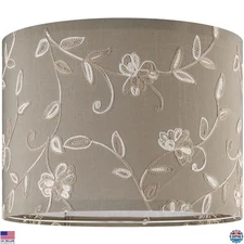 Creme Fabric Drum Lamp Shade 13" Top x 13" Bottom x 10" High with Leaf Trim