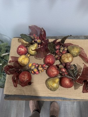 Vintage Sugared Fruit Swags Pear, Grapes,Apples, Pomegranite Burgandy Gold Bow
