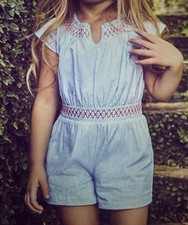 Janie And Jack Girl Size 8 Romper Tropical Mood Blue And White Striped W/red Nwt