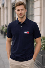 Tommy Hilfiger Men  s Polo Shirt Navy Blue Logo Regular Fit Size M Classic Preppy