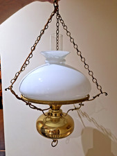 IMPRESSIVE VINTAGE HANGING MILK SHADE BRASS OIL STYLE LAMP 66cm TALL