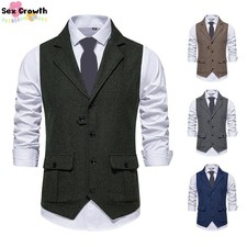 Mens Herringbone Tweed Lapel Wool Waistcoat V-Neck Sleeveless Vest Vintage Suit
