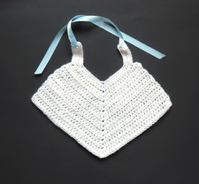 Vintage Hand-Crocheted Yarn V-Shaped Baby Bib w. Satin Ribbon Ties, White, New