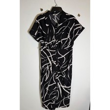 DKNY Black White Abstract Print Ruched Button Front Midi Shirt Dress 12P
