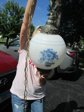 Vintage MCM White Swag Light 10" White Ball With 3 Blue Flowers 12 ft. chain