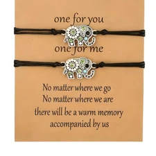 Couples, His & Hers, Rhinestone Cut Out Elephant Memory Promise Card Bracelet