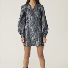 Ganni Black And Metallic Silver Jacquard Wrap Mini Dress Size: 40
