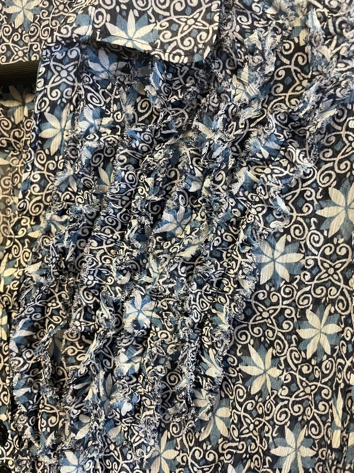 Espirit Top, Blue Floral Semi-sheer, Ruffle Accents, Women's Medium Blouse - Image 2 of 4
