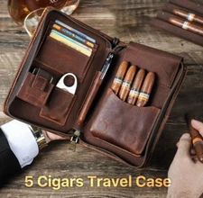 Genuine Leather Cigar Case Lighter Holder Box Cutter Set Pocket Travel Humidor