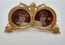TINY FRENCH DOUBLE ORMOLU FANCY PICTURE FRAME, CHERUB~EASEL BACK, ORIGINAL GLASS