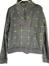 Free People Half Zip Pullover Sweater Sweatshirt gray blue Plaid Long Sleeve M