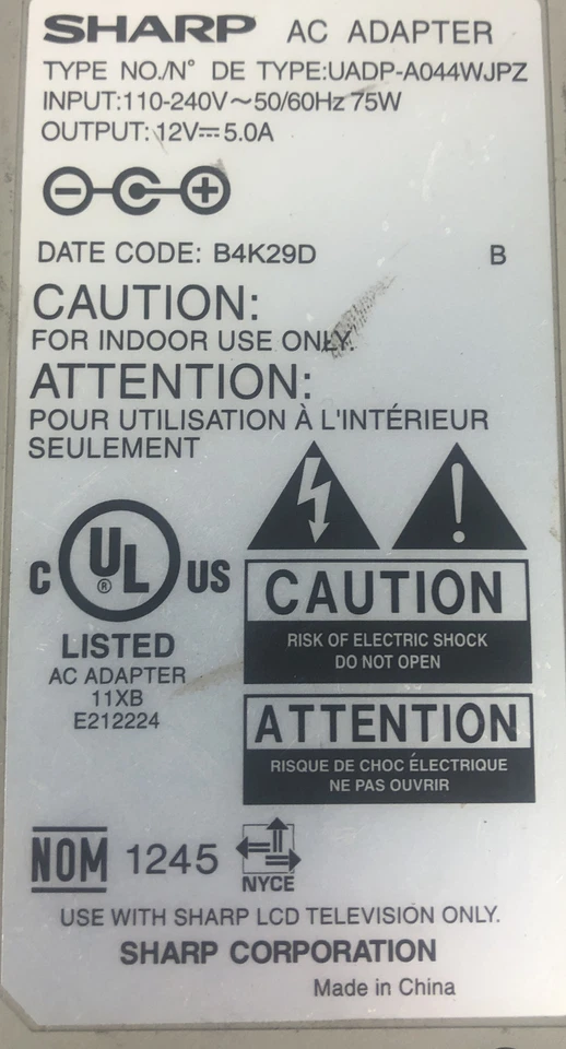 SHARP OEM UADP-A044WJPZ AC Power Adapter 12V - 5.0A for LC-20S1U LC-20S2U-S A28 - Image 2 of 3
