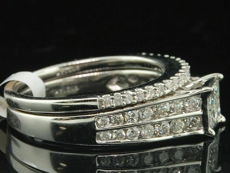 Lab Created Diamond Engagement Wedding Ring 14K White Gold Plated Bridal Set - Image 3 of 4