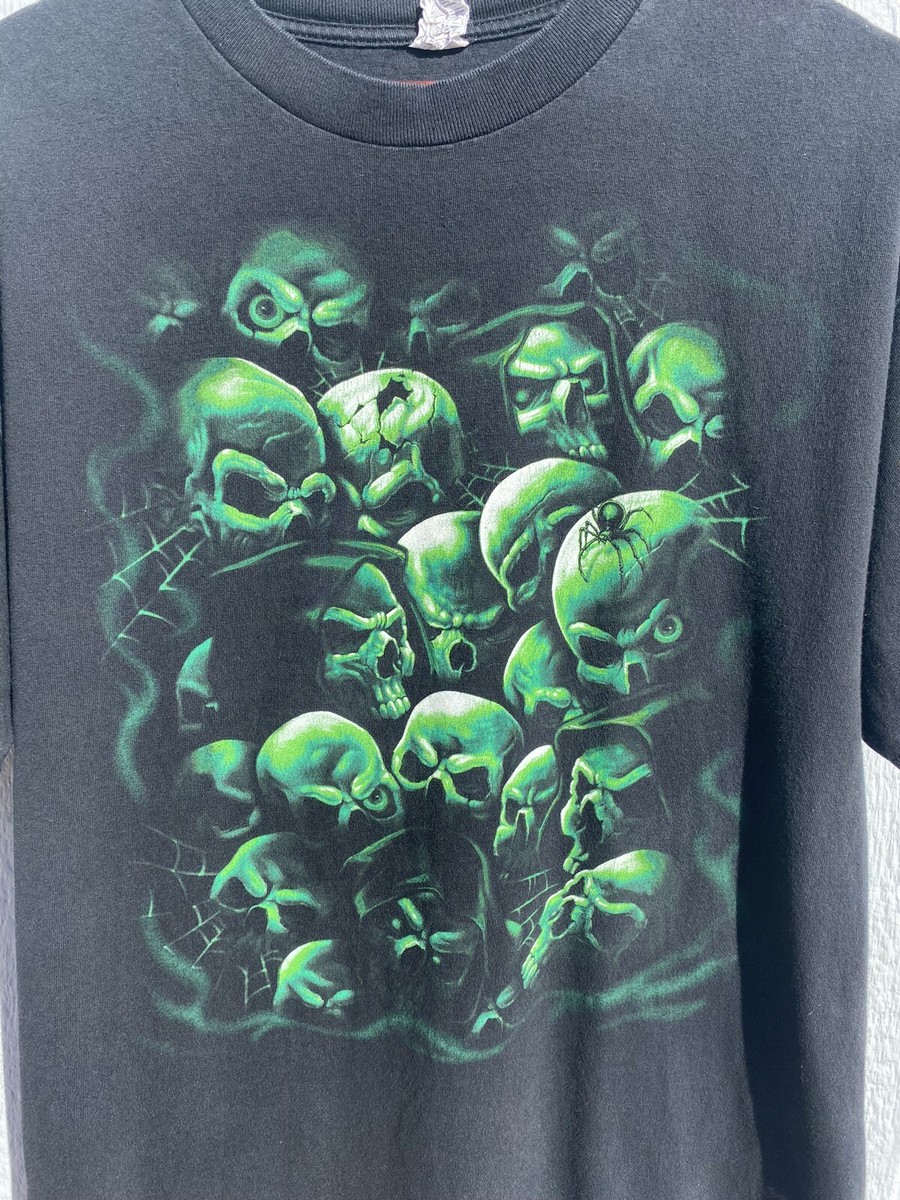 Y2K Demon Green Skulls Spider Web Black Large Shirt