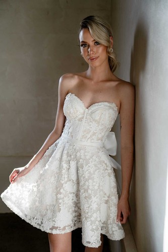 Strapless Wedding Short Dresses Sleeveless Applique A Line Bowknot Summer Custom - Picture 2 of 23