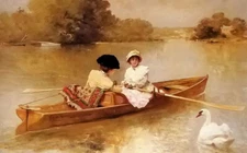 Oil painting ferdinand heilbuth - boating on the seine young lady with swan bird