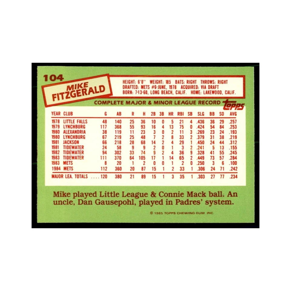 Mike Fitzgerald 1985 Topps Tiffany #104 Baseball Cards Baseball Card NM - Image 2 of 3