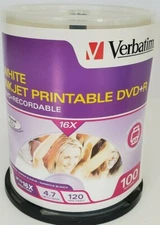 Verbatim 95145 DVD+R 4.7GB 16X White Inkjet Printable -80 on spindle