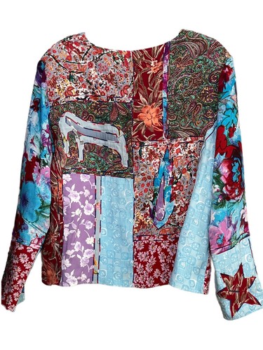 Vintage Women’s Jacket Elephant Flower Beads Patchwork Shirt Blouse Sz XL Kar-ma - Picture 2 of 12