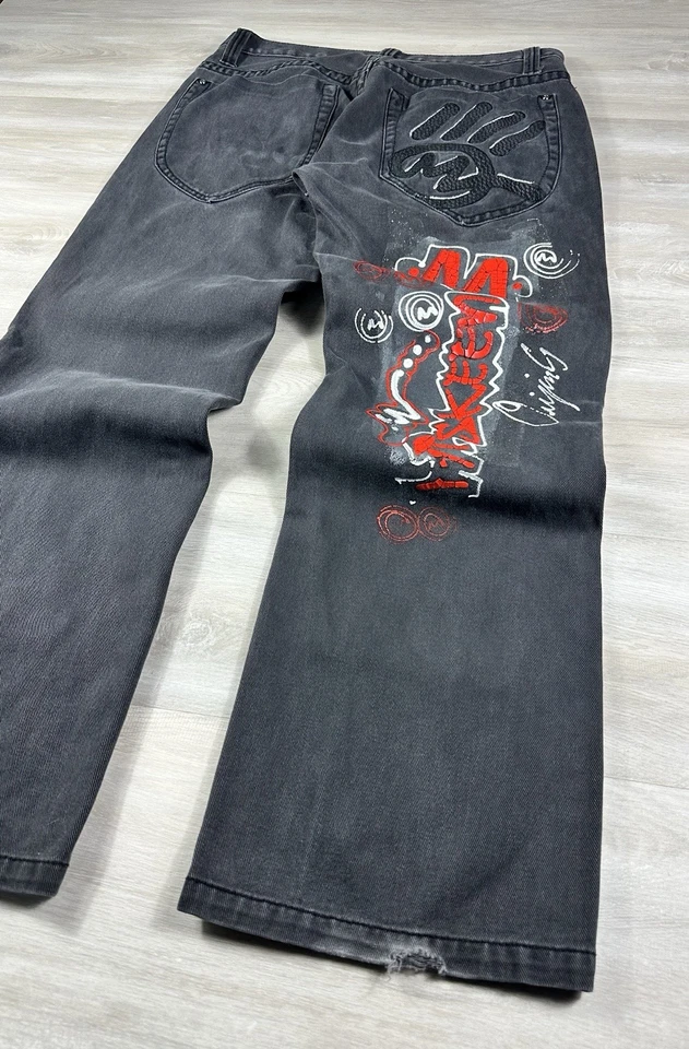 Jeans holgados vintage Miskeen graffiti talla 34x30 negros patinador Y2K grunge hip hop Foto 2 de 4