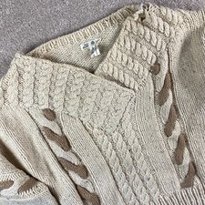 Alibi Vintage Pure New Wool Chunky Cable Knit Sweater Cream Tan Portugal Womens
