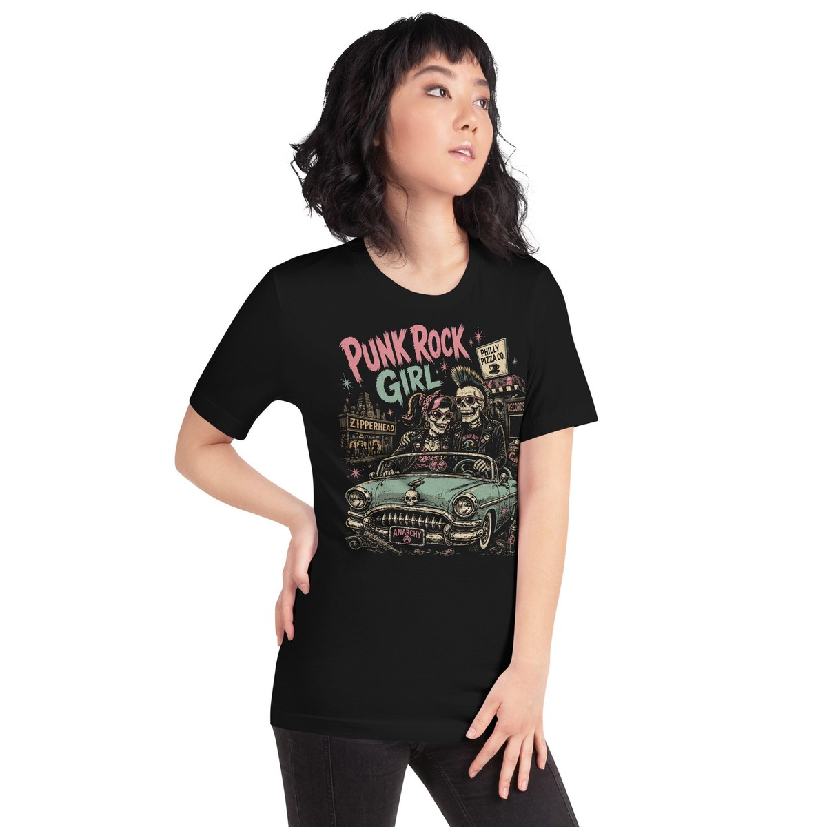 Punk Rock Girl T-Shirt Dead Milkmen Mohawk Skeleton Greaser 55