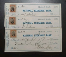 1873 ELISHA COLT US COLLINS Co FINANCIER HARTFORD CT 3 SIGNED DIVIDEND CHECKS 