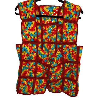 Crochet Knit Vest Granny Square Boho Festival Hippie Vintage Handmade Sweater