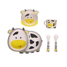Kids Dinnerware Set Bamboo 5 Pcs with Plate Bowl Cup Fork Spoon Cow Cow