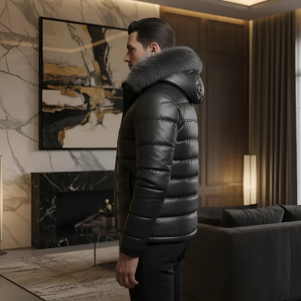 Luxury Men’s Leather Puffer Jacket with Fur Hood – Biker Bomber Style - Image 3 of 4