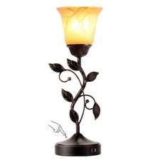 3-Way Touch Table Lamp, USB Ports, Amber Glass Shade, LED Bulb, Bronze Finish