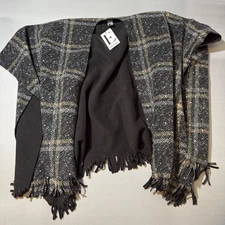 Eivissa Women's Plaid Fringe Cardigan Wrap One Size Reversible Black