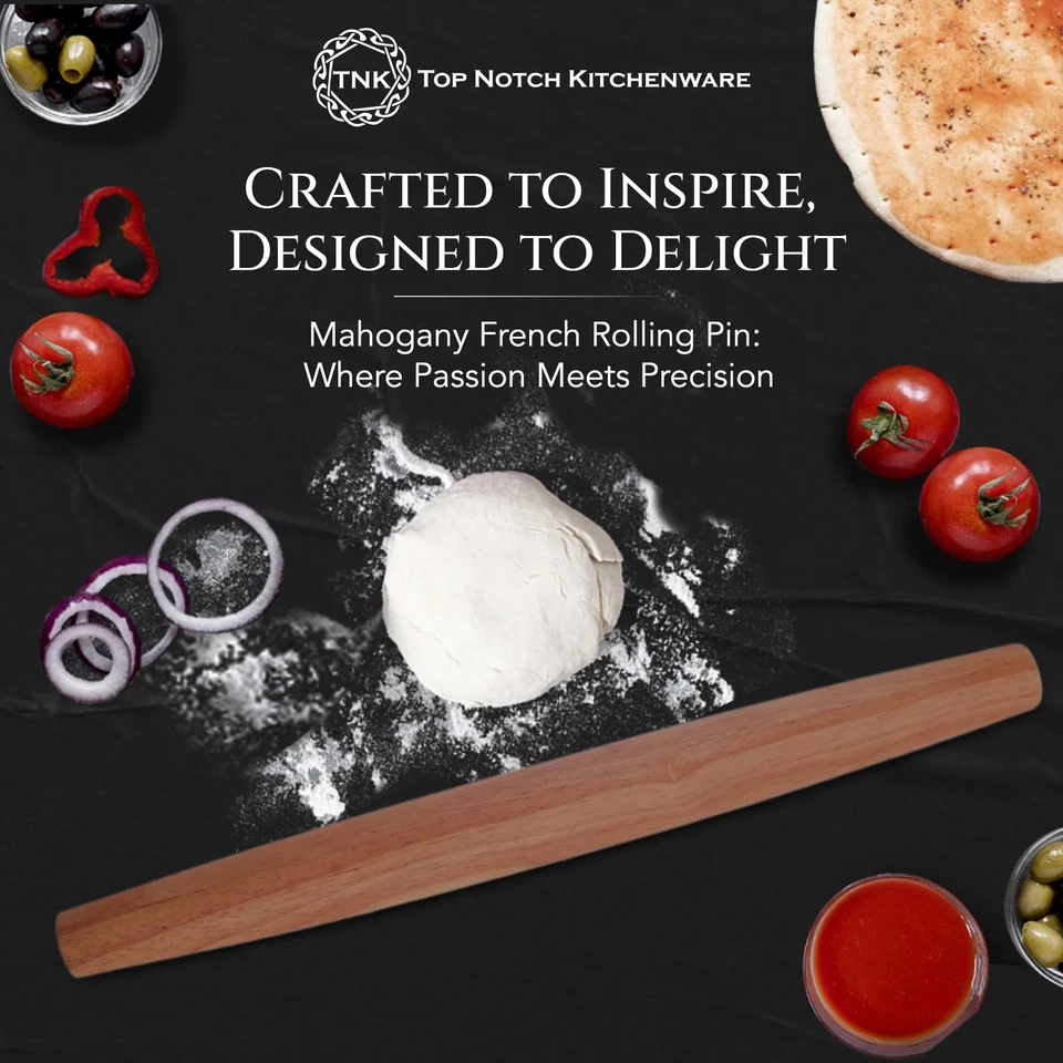 Mahogany French Rolling Pin | Non-Stick Kitchen Tool | Tapered Solid Wood Des... - Image 2 of 4